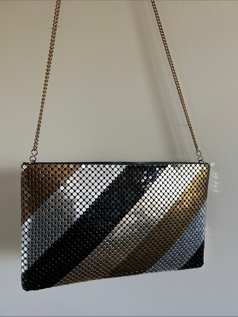 Vintage Metallic Stripe Chain Crossbody Clutch - Black, Bronze, Gold, Silver